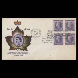 Canada 1953 (FDC) 4c Coronation block, OTTAWA ✔️