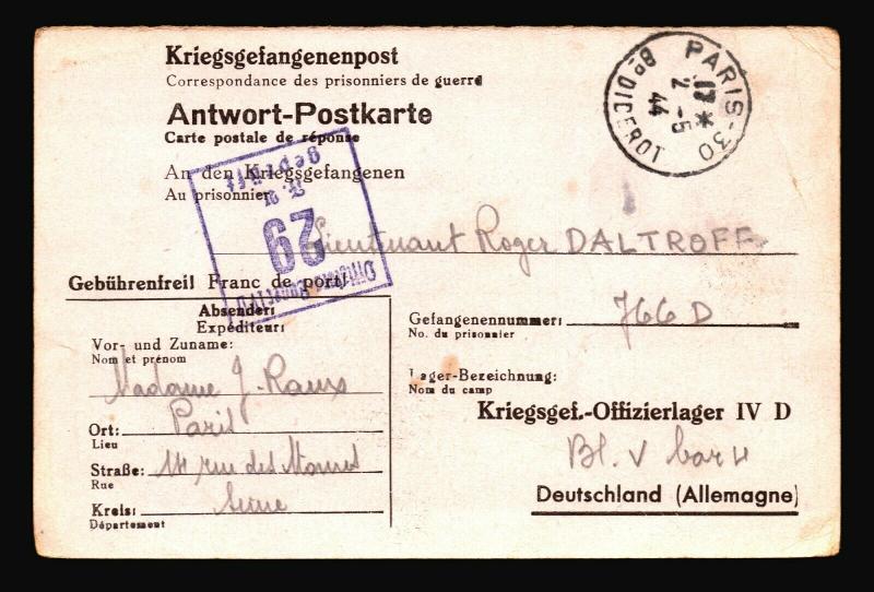 France 1944 POW Card to STALAG 29 / Paris CDS - Z14484