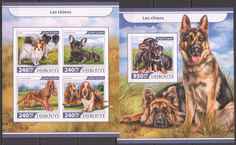 Dz0959 ! Imperf 2017 Djibouti Dogs Domestic Animals Fauna #1717-20+Bl794 Mnh