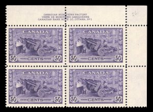 Canada #261 Cat$225, 1942 50c violet, plate block of four, never hinged