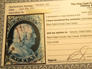 US Stamps Scott #7, Used, SCV $150.00 for: B Relief from PLATE 2, w/Certificate