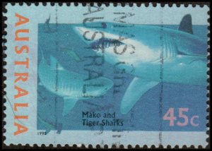 Australia 1464b - Used - 45c Mako and Tiger Sharks (1995) (cv $0.80) +