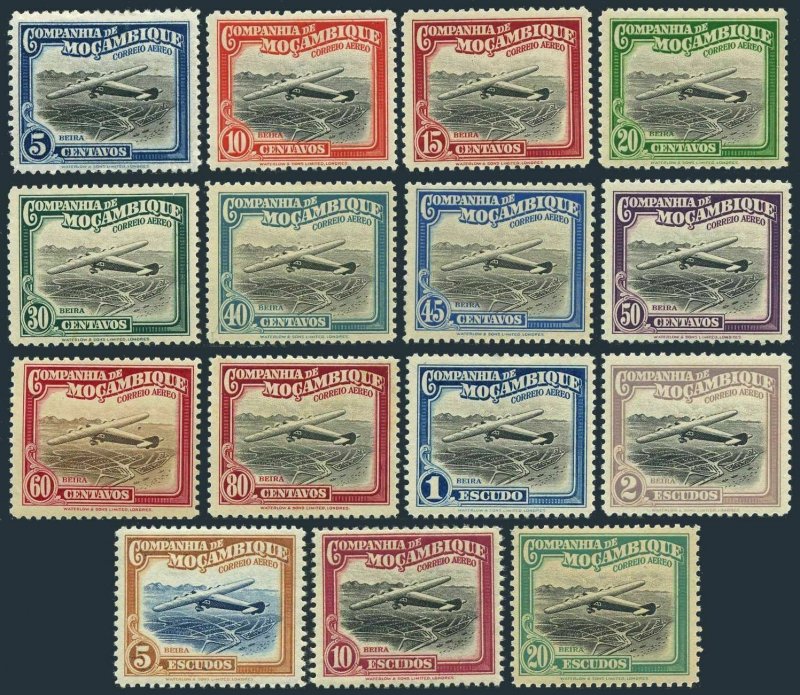 Mozambique Co C1-C15, MNH. Michel 186-200. Airplane over Beira. 1935.