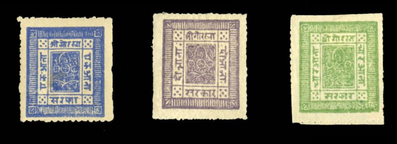 Nepal #1-3 Cat$2,225, 1881 1a ultramarine, 2a pale purple and 4a yellow green...