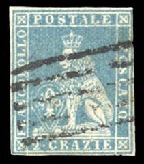 Italian States, Tuscany #5 Cat$160, 1851 2cr blue, used, thin