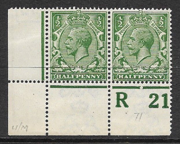 N14(2) ½d Deep Green Control R21 perf pair UNMOUNTED MINT