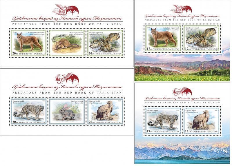 Tajikistan 2020 Predators from the Red Book set of 4 perforated block's MNH