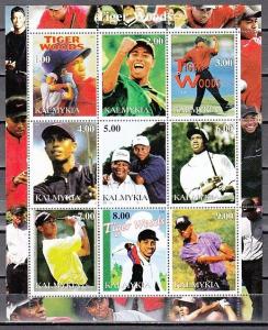 Kalmykia, 2001 Russian Local. Tiger Woods sheet of 9.   