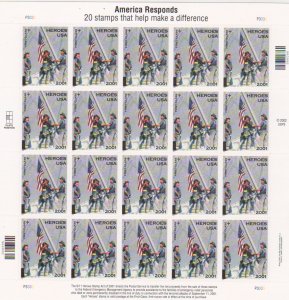 US Stamp Scott B2  2002 Heroes of 2001  Sheet of 20 Semi-Postals - MINT SHEET