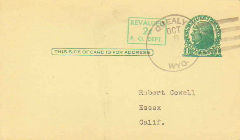 United States Wyoming Quealy 1952 4f-bar  1920-1962  Postal Card  Philatelic.