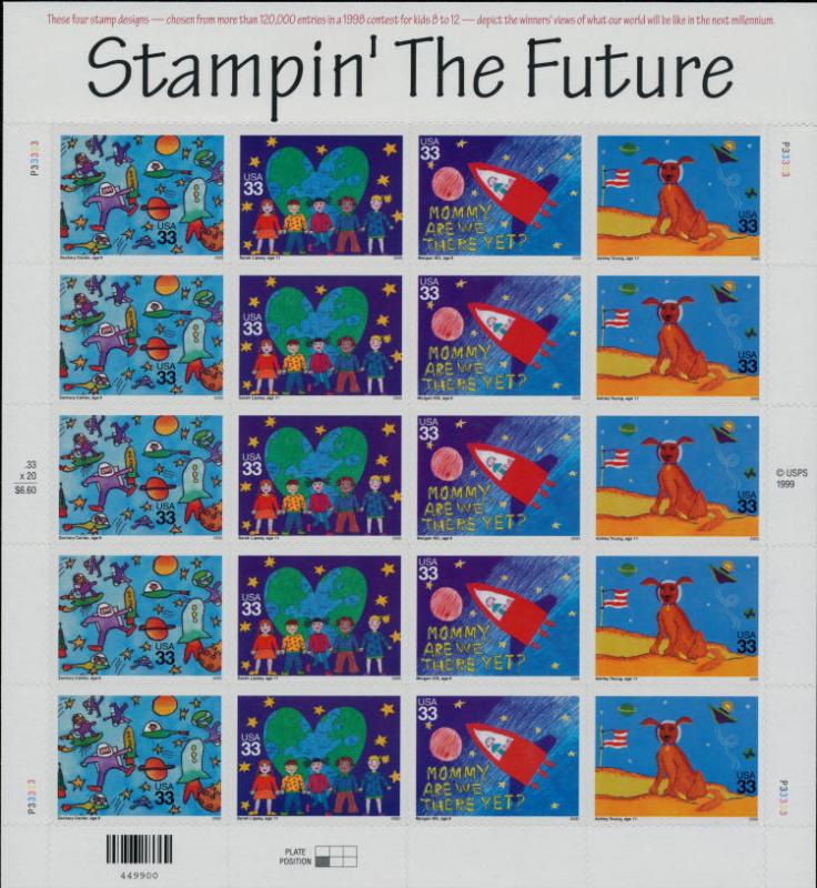 2000 33c Stampin' the Future, Children's Sheet of 20 Scott 3414-17 Mint F/VF NH