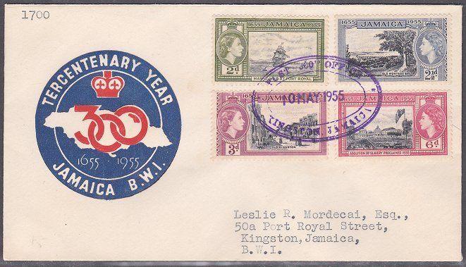 JAMAICA 1955 Tercentenary set commem FDC - special cancel..................706