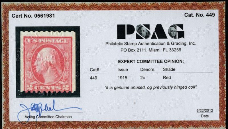 MALACK 449 Fine OG H, w/PSAG (06/12) CERT, missing f..MORE.. gg3257