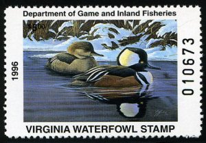 United States, Duck Hunting - State #VA9 Cat$12, Virginia, 1996 $5 Hooded Mer...