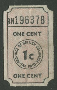 CANADA REVENUE BRITISH COLUMBIA 1¢ SOCIAL SECURITY AND MUNICIPAL AID TAX TICKET
