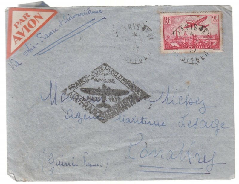 1937 Air France First Flight Cover FFC Paris France to Conakry Guinee AOF