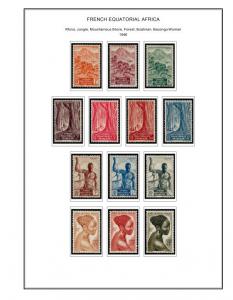 COLOR PRINTED FRENCH EQT. AFRICA 1936-1958 STAMP ALBUM PAGES (30 illustr. pages)