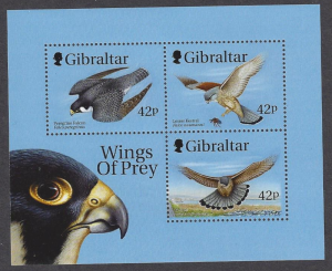 Gibraltar #814b mint, sheet of 3, birds raptors, issued 1999