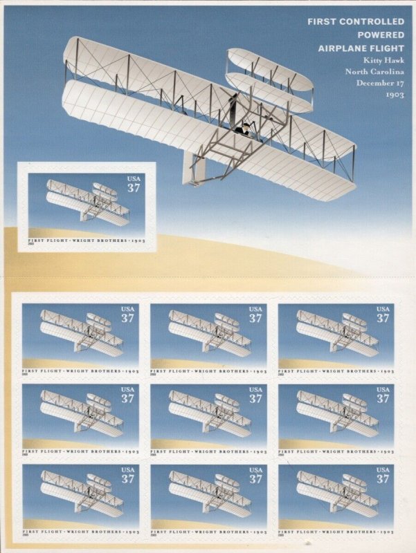 US: 2003 1st CONTROLLED POWERED AIRPLANE FLIGHT;  Sheet of 20, Sc 3783; 37 Cents 