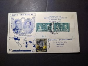 1937 British KUT First Day Cover FDC Dar Es Salaam to Zanzibar East Africa