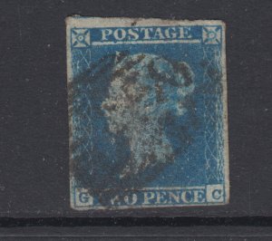 Great Britain Sc 4 used. 1841 2p blue QV, imperf, 4 margins, sound, F-VF