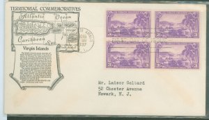 US 802 1937 3c Virgin Island (part of the US Possession Series) block of four on an addressed (typed) FDC with an Anderson cache