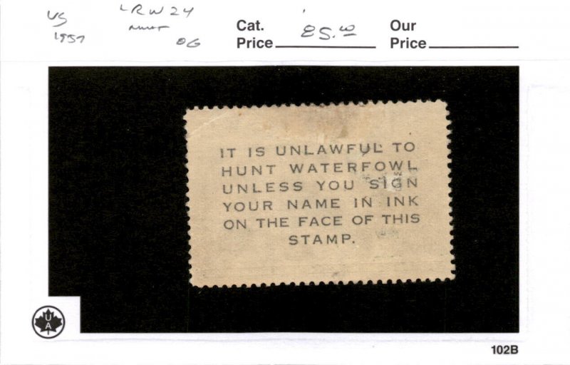 United States Postage Stamp, #RW24 Mint Hinged, 1957 Duck Hunting (AE)