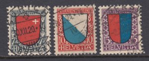 Switzerland Sc B15-B17 used. 1920 Coat of Arms semi-postal, cplt set, 2 w/ thins