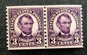 US scott# 600  MNH OG VF+ 1924 3c Lincoln perf 10 vertical Pair well centered