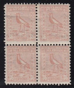 Uruguay 1926-27 36c Rose Buff Redrawn Lapwing Block x 4 M Mint/MNH. Scott 323