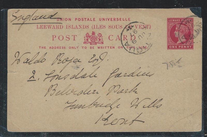 LEEWARD ISLANDS (P2712B) 1897 QV 1D PSC FROM ANTIGUA TO LONDON WITH MSG, UR CORN