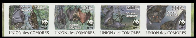 Comoro Is. WWF Livingstone's Fruit Bat Strip of 4 Imperf stamps 2009 MNH