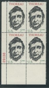 1967 Henry David Thoreau Plate Block Of 4 5c Postage Stamps, Sc# 1327, MNH, OG