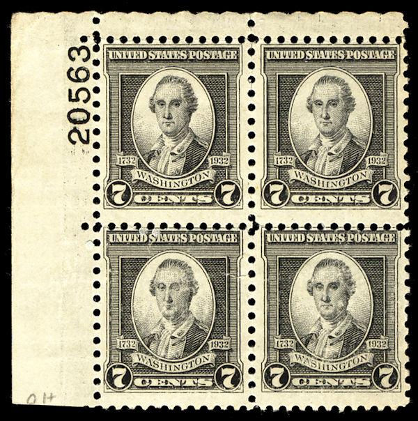 US #712 7c Washington, Plate Block, F/VF mint never hinged, a nice fresh plat...