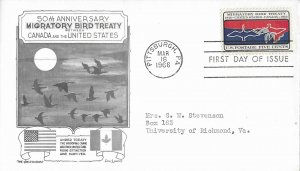 1966 FDC, #1306, 5c Migratory Bird Treaty, Aristocrats-Lowry