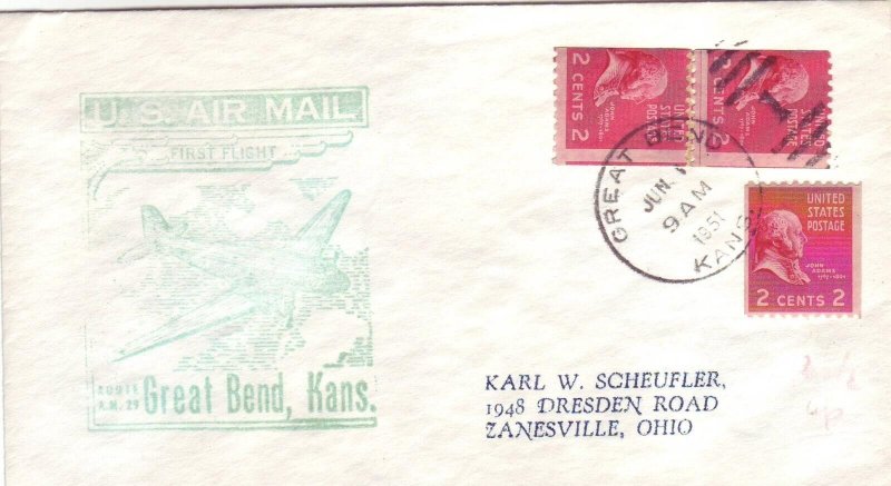 Great Bend, Kansas AM-29 1st Flight Cover, 1951 w/2c Prexie Coil ... (20762)