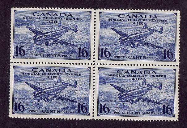 Canada-Sc#CE1-unused NH block of 4-Airmail Special Delivery-Planes-1942-3-