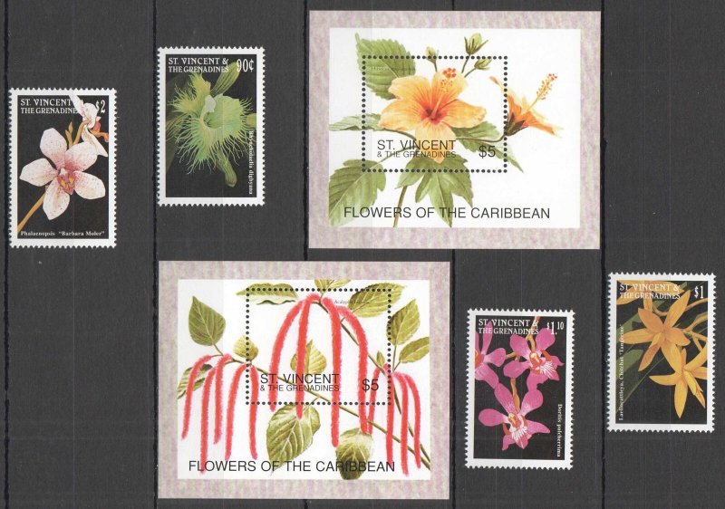 A0027 ST.VINCENT FLOWERS OF THE CARIBBEAN FLORA 2BL+1SET MNH