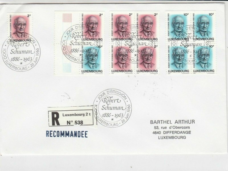 Luxembourg 1986 Robert Schuman Registered Multiple Stamps FDC Cover Ref 29103