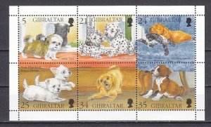 Gibraltar, Scott cat. 702 a-f. Puppy dogs sheet of 6.