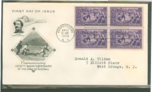 US 855 1939 3c Baseball - 100th anniversary (block of four) on an addressed (typed) first day cover with an artcraft cachet.