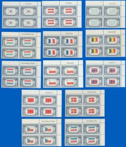 Scott #909-21 Plate Blocks/4, Named Countries of WWII, Mint-NH, SCV $43.60 (SK)