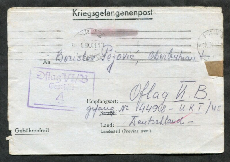 p383 - WW2 SERBIA 1941 CENSORED Cover to POW Camp Offlag VI/B GERMANY