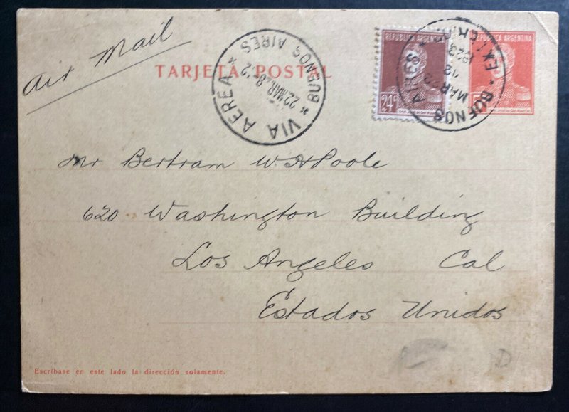 1928 Argentina Buenos Aires Stationery Postcard Cover To Los Angeles CA USA