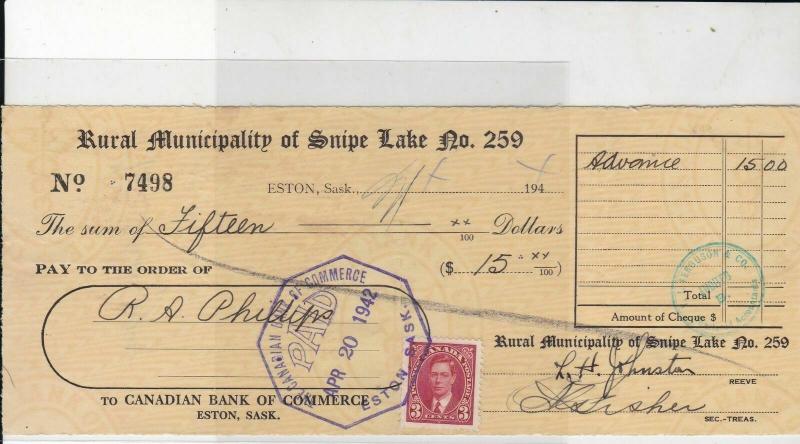 Canada Stamp 1942 Municipality of Snipe Lake Bank of Commerce Cheque Ref 26554