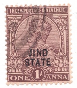 1924 India - Jind State ovpt - Sc# 101 Θ used 1 Anna postage stamp, mute cancel