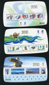 Canada 2299f, 2305f, 2366c Vancouver 2010 Olympics Overprint Stamp Sheets MNH