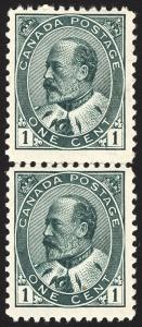 Canada #89 1c Green 1903-08 Edward VII VF *MNH* Rare Vert Pair Fresh CV $490+