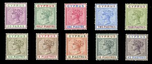 Cyprus #28-37 Cat$322.50, 1894-96 Victoria, complete set, hinge remnants