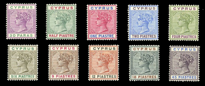 Cyprus #28-37 Cat$322.50, 1894-96 Victoria, complete set, hinge remnants